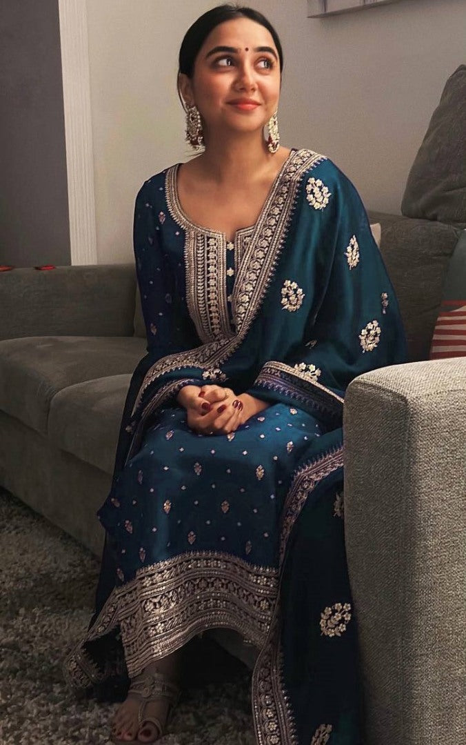 Dark rama embroidery worked wedding palazzo suit