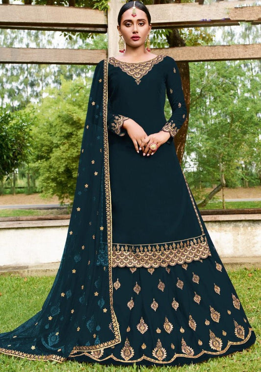 Dark rama faux georgette embroidered stich work lehenga suit