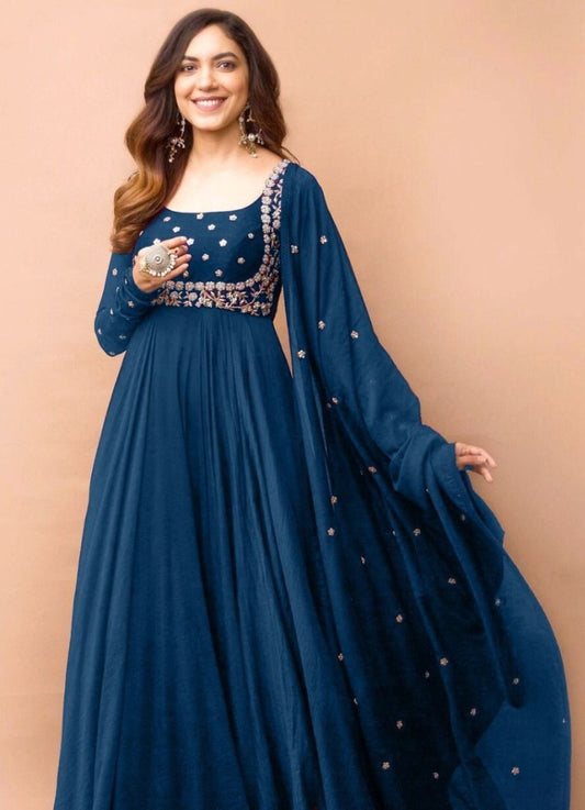 Dark rama georgette embroidered anarkali suit