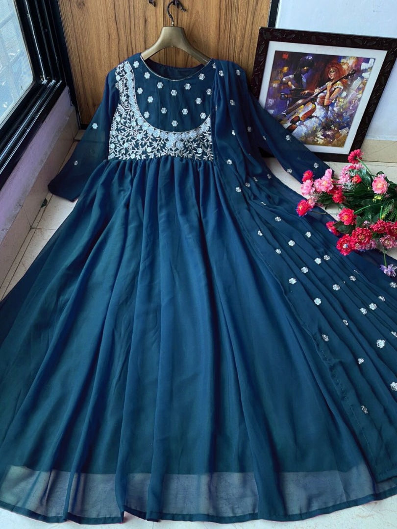 Dark rama georgette embroidered anarkali suit