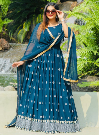 Dark rama georgette embroidered long anarkali suit