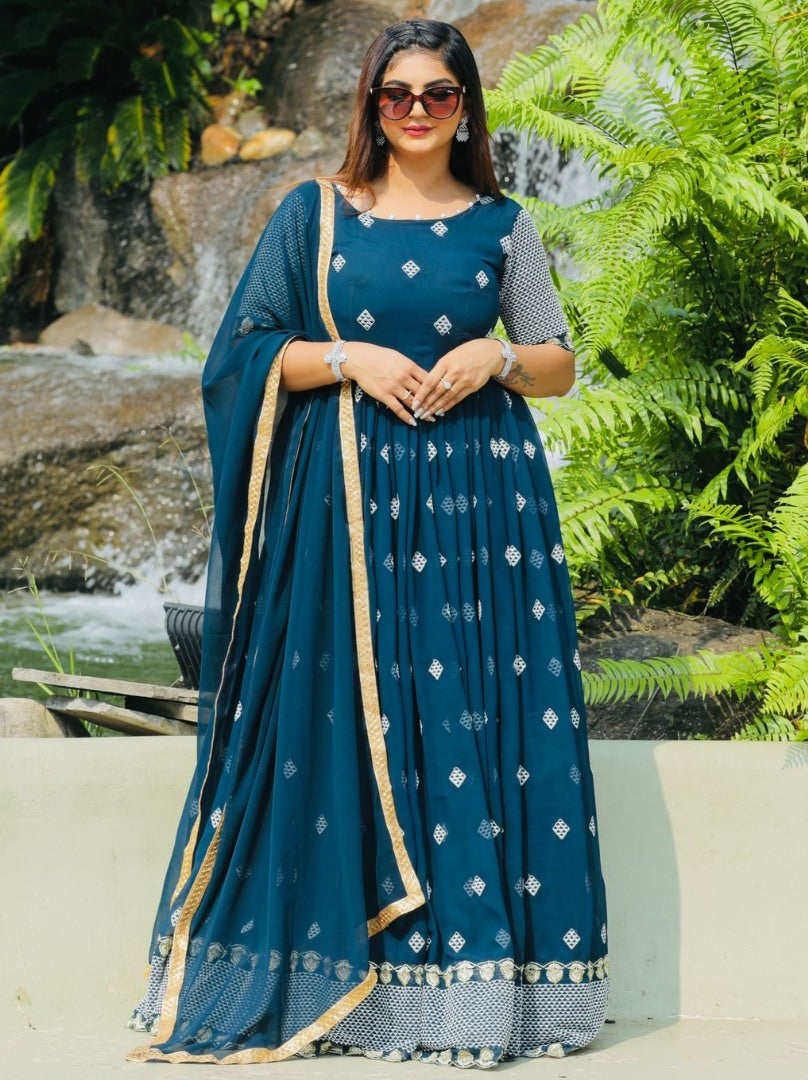 Dark rama georgette embroidered long anarkali suit