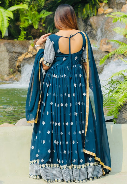 Dark rama georgette embroidered long anarkali suit