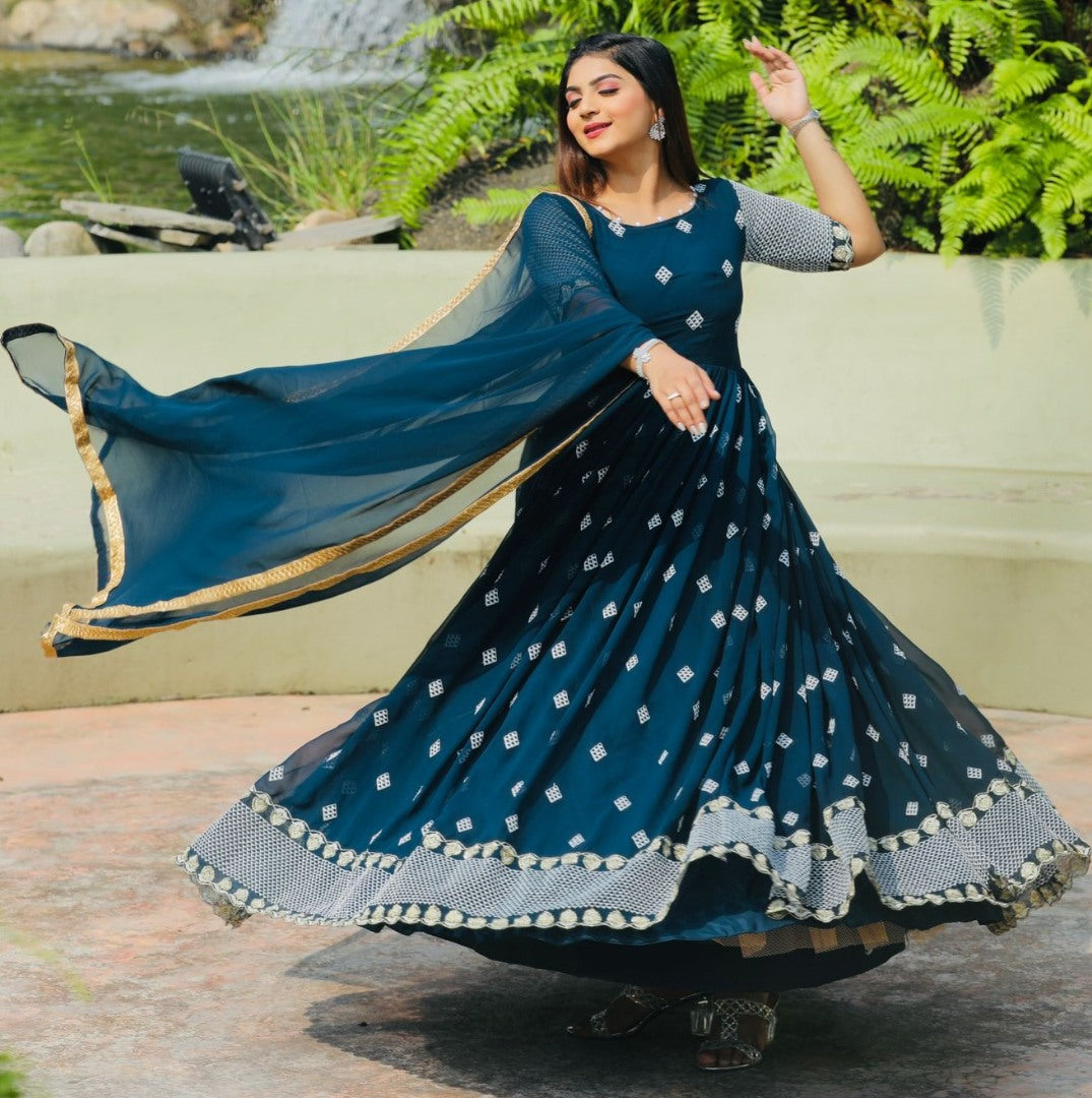 Dark rama georgette embroidered long anarkali suit