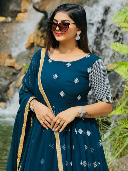 Dark rama georgette embroidered long anarkali suit