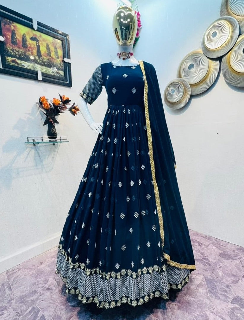 Dark rama georgette embroidered long anarkali suit