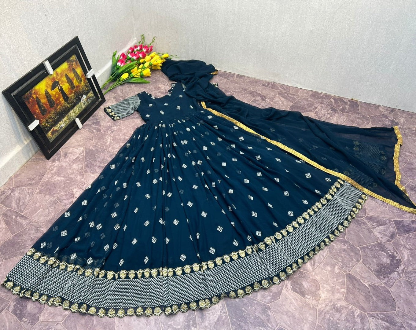 Dark rama georgette embroidered long anarkali suit