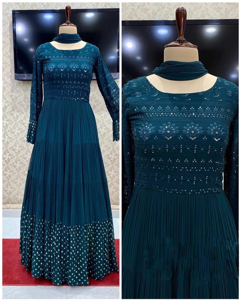 Dark rama georgette embroidered ruffle layer gown