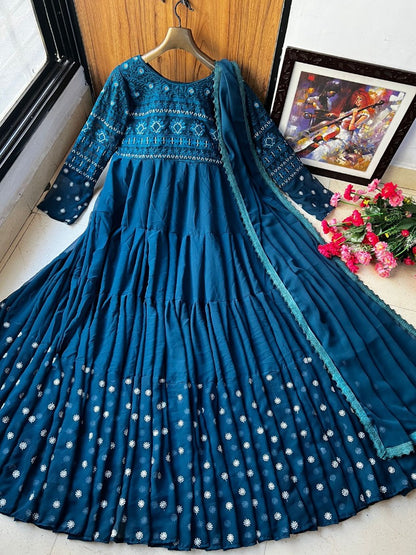 Dark rama georgette embroidered ruffle layer gown