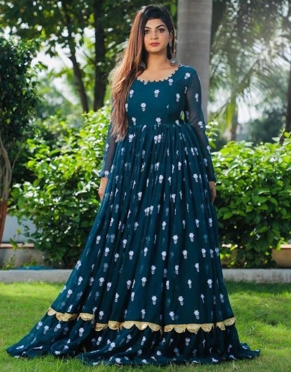 Dark rama georgette embroidered ruffle layered long gown