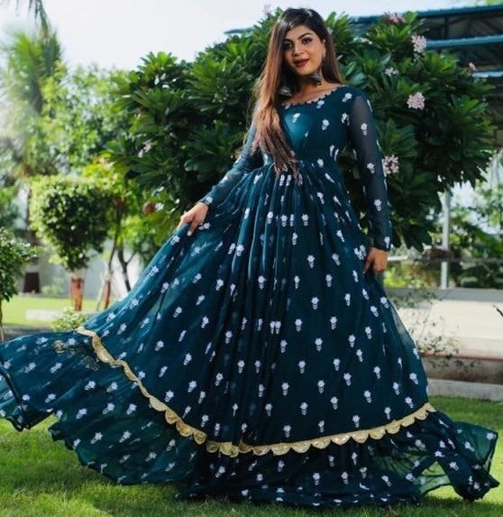 Dark rama georgette embroidered ruffle layered long gown