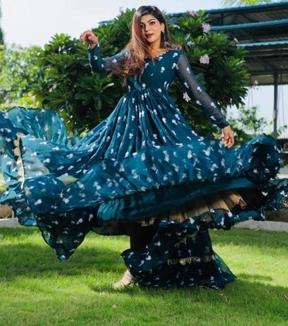 Dark rama georgette embroidered ruffle layered long gown