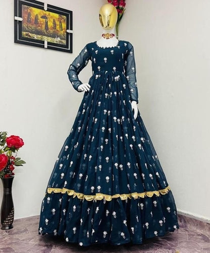 Dark rama georgette embroidered ruffle layered long gown