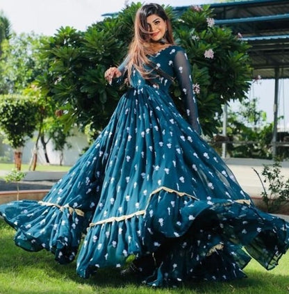 Dark rama georgette embroidered ruffle layered long gown