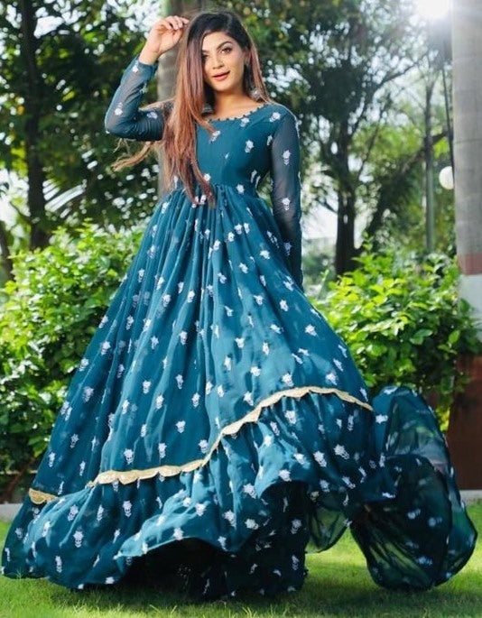 Dark rama georgette embroidered ruffle layered long gown