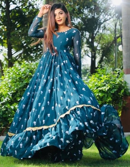 Dark rama georgette embroidered ruffle layered long gown