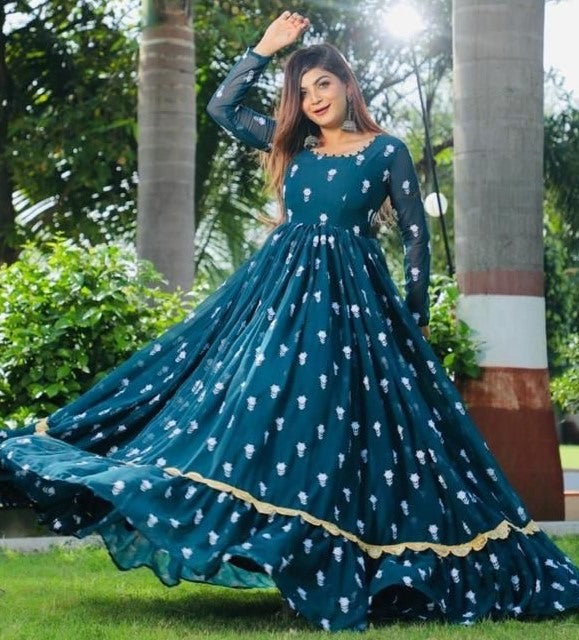 Dark rama georgette embroidered ruffle layered long gown