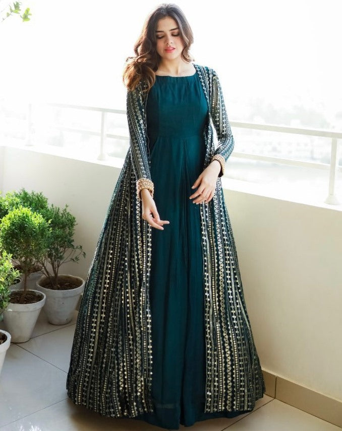 Dark rama georgette gown with heavy embroidery work koti shrug