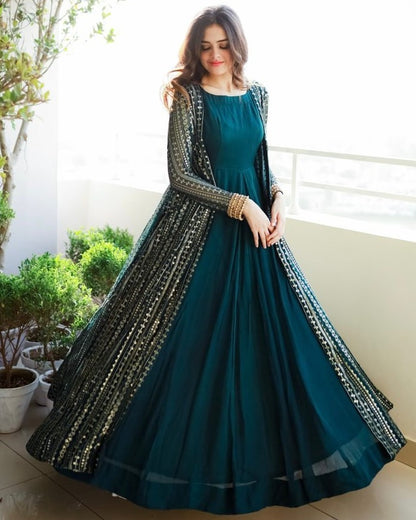 Dark rama georgette gown with heavy embroidery work koti shrug
