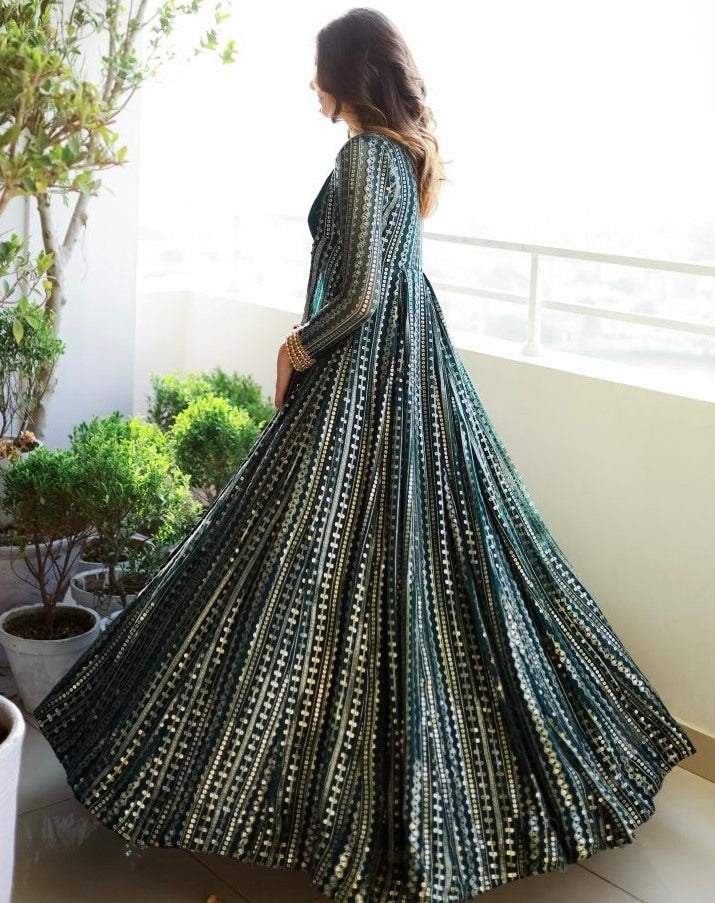 Dark rama georgette gown with heavy embroidery work koti shrug