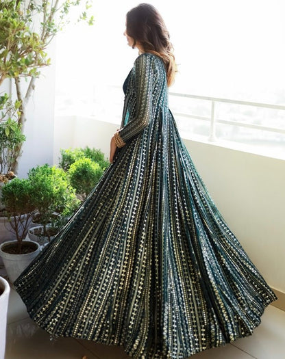 Dark rama georgette gown with heavy embroidery work koti shrug