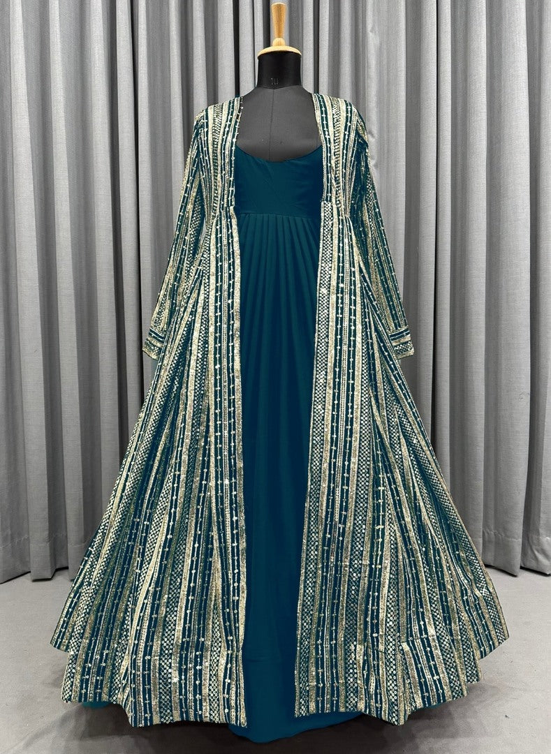 Dark rama georgette gown with heavy embroidery work koti shrug