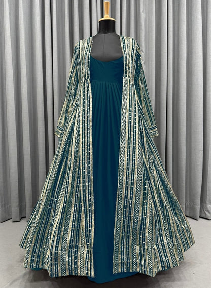 Dark rama georgette gown with heavy embroidery work koti shrug