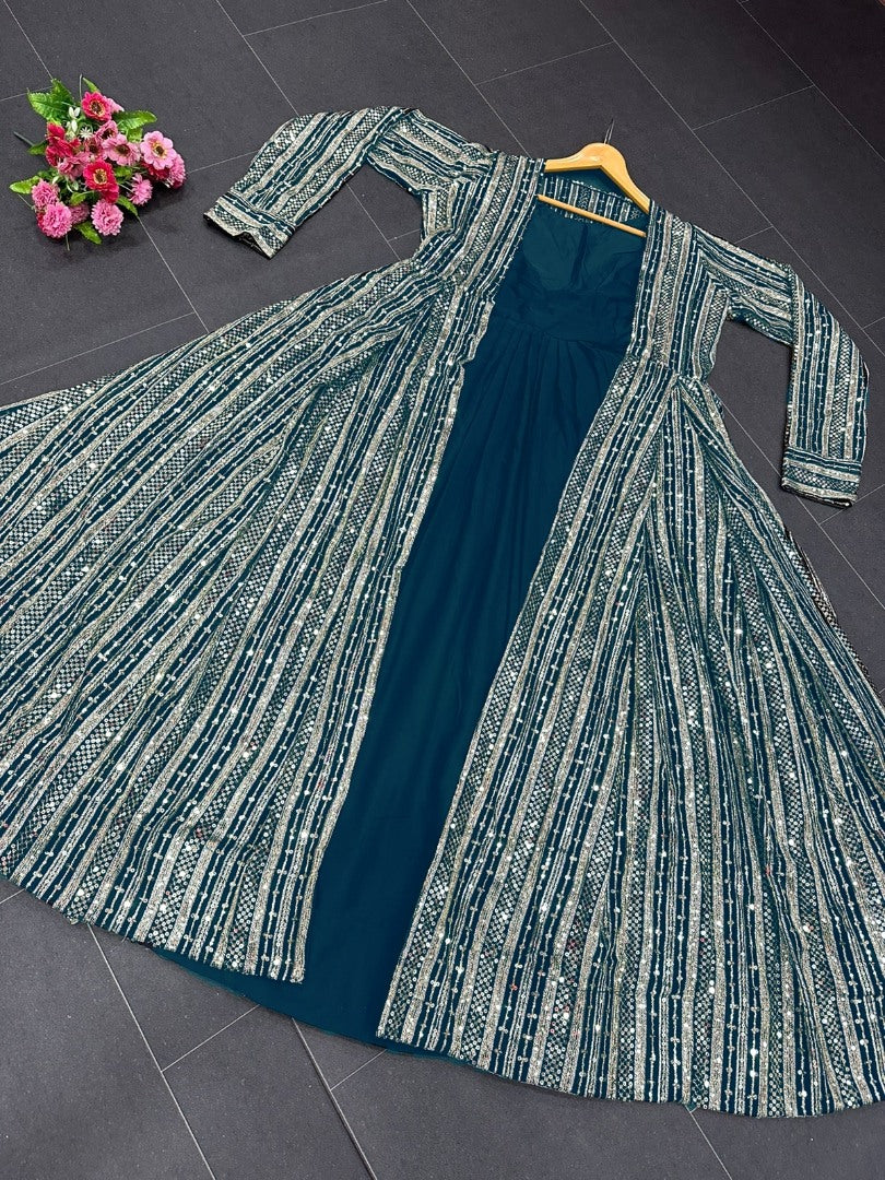 Dark rama georgette gown with heavy embroidery work koti shrug