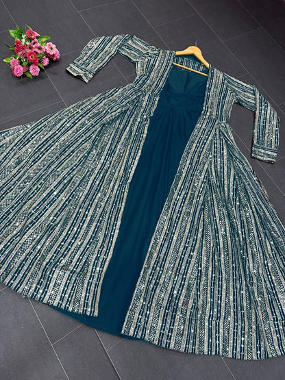 Dark rama georgette gown with heavy embroidery work koti shrug