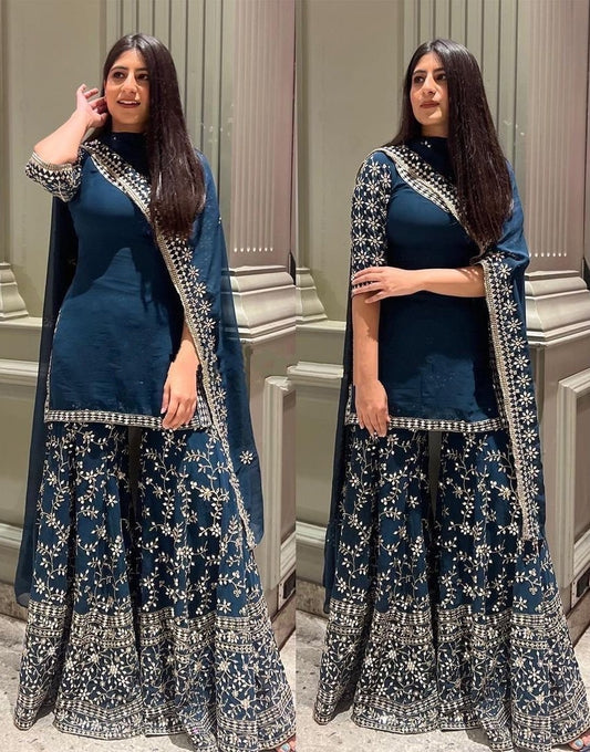 Dark rama georgette heavy embroidered plazzo suit