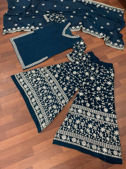 Dark rama georgette heavy embroidered plazzo suit