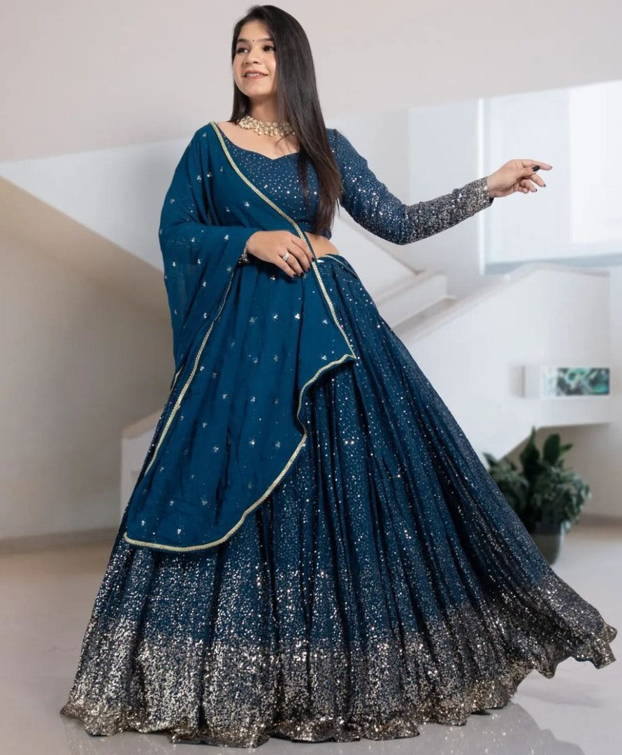 Dark rama georgette heavy sequence work wedding lehenga choli