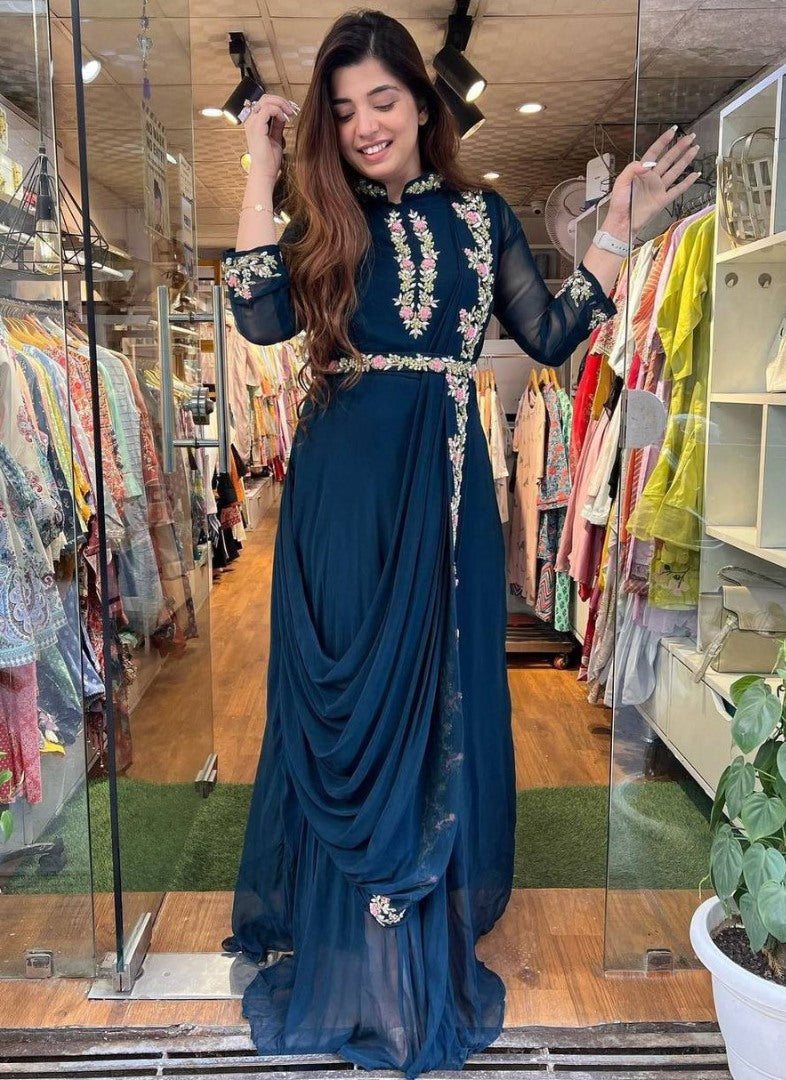 Dark rama georgette indowestern gown