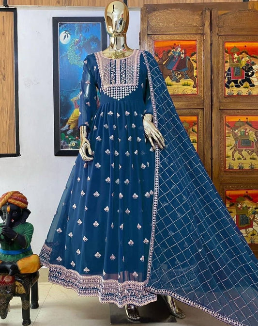 Dark rama georgette sequence foil mirror work gown
