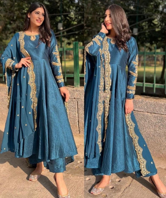 Dark rama georgette thread and sequence work anarkali suit