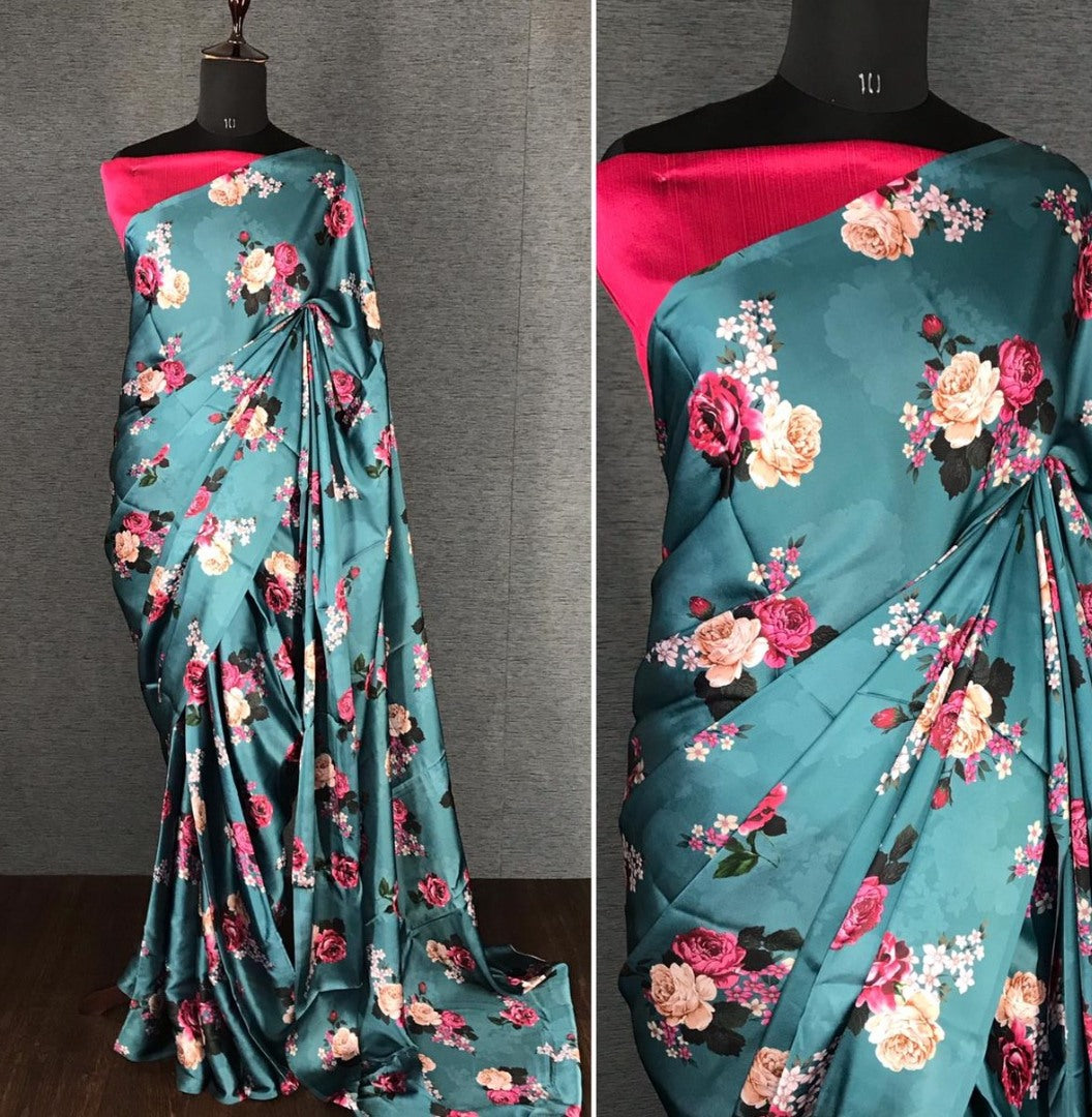 Dark rama japan satin digital printed work party wear saree