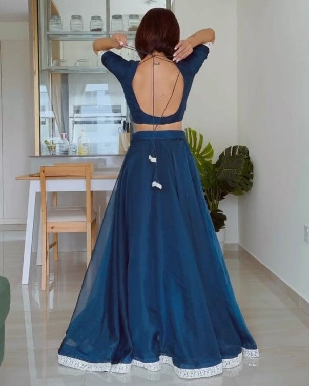 Dark rama organza plain party wear lehenga choli