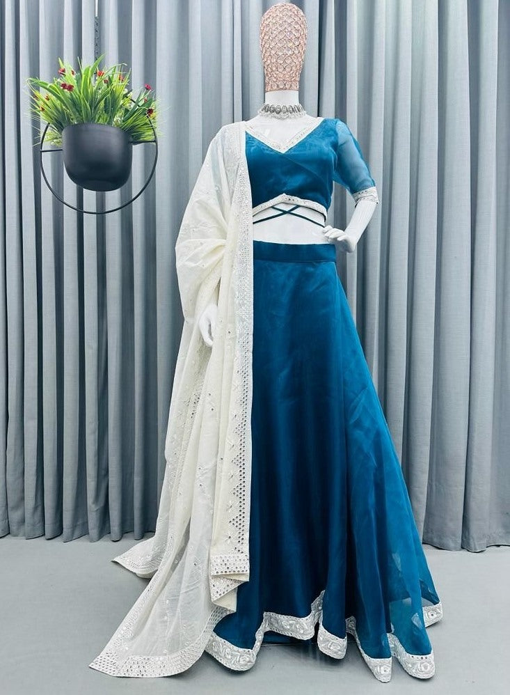 Dark rama organza plain party wear lehenga choli