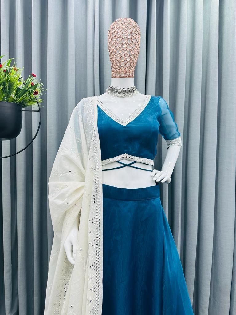 Dark rama organza plain party wear lehenga choli