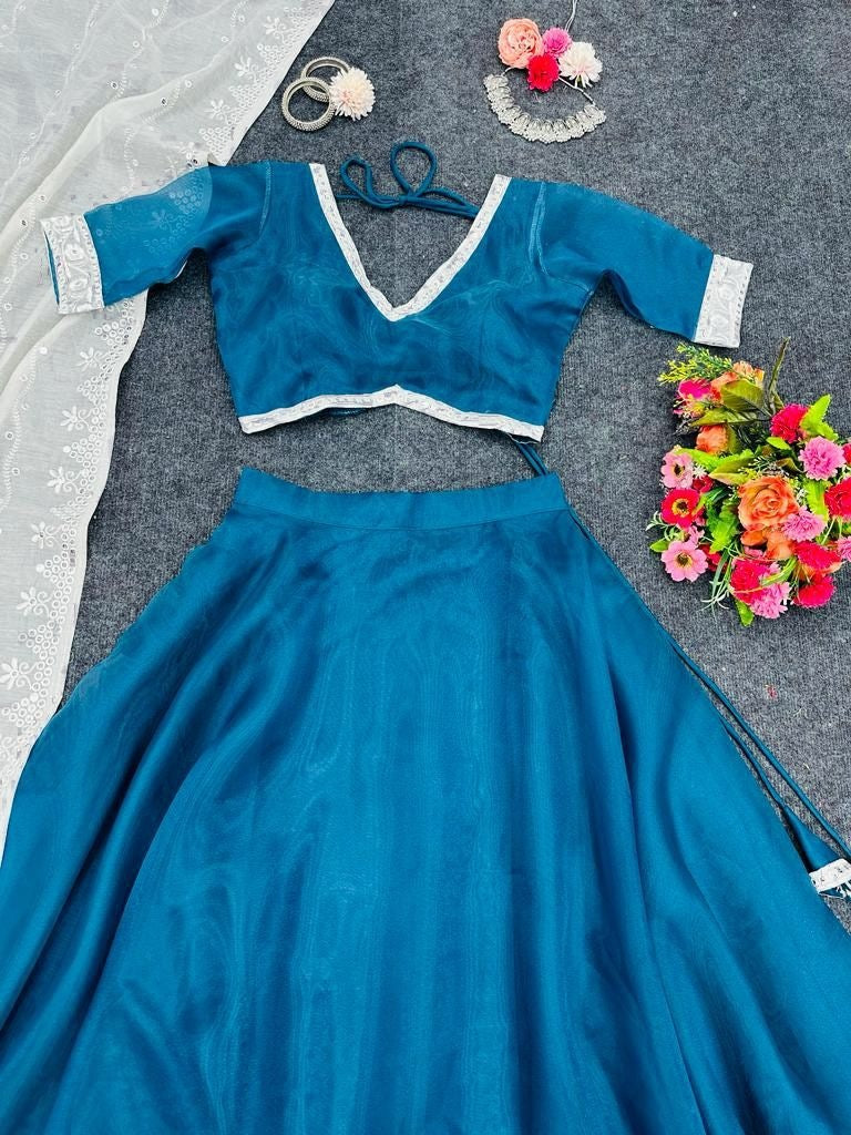 Dark rama organza plain party wear lehenga choli