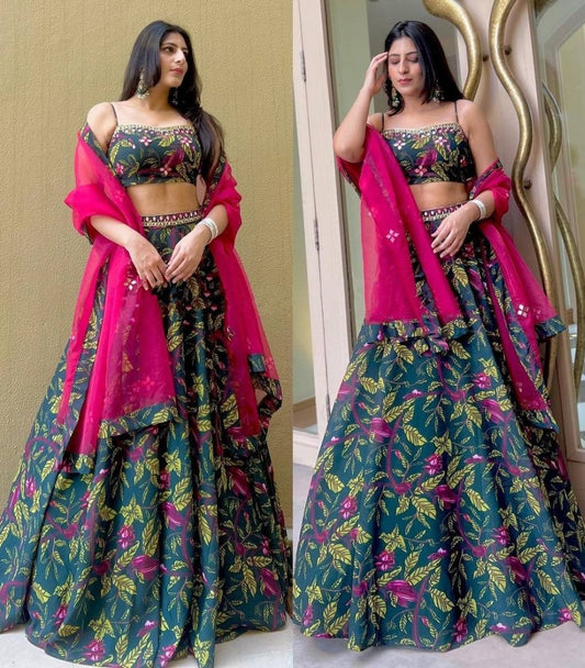 Dark rama printed and mirror work umbrealla flair lehenga choli