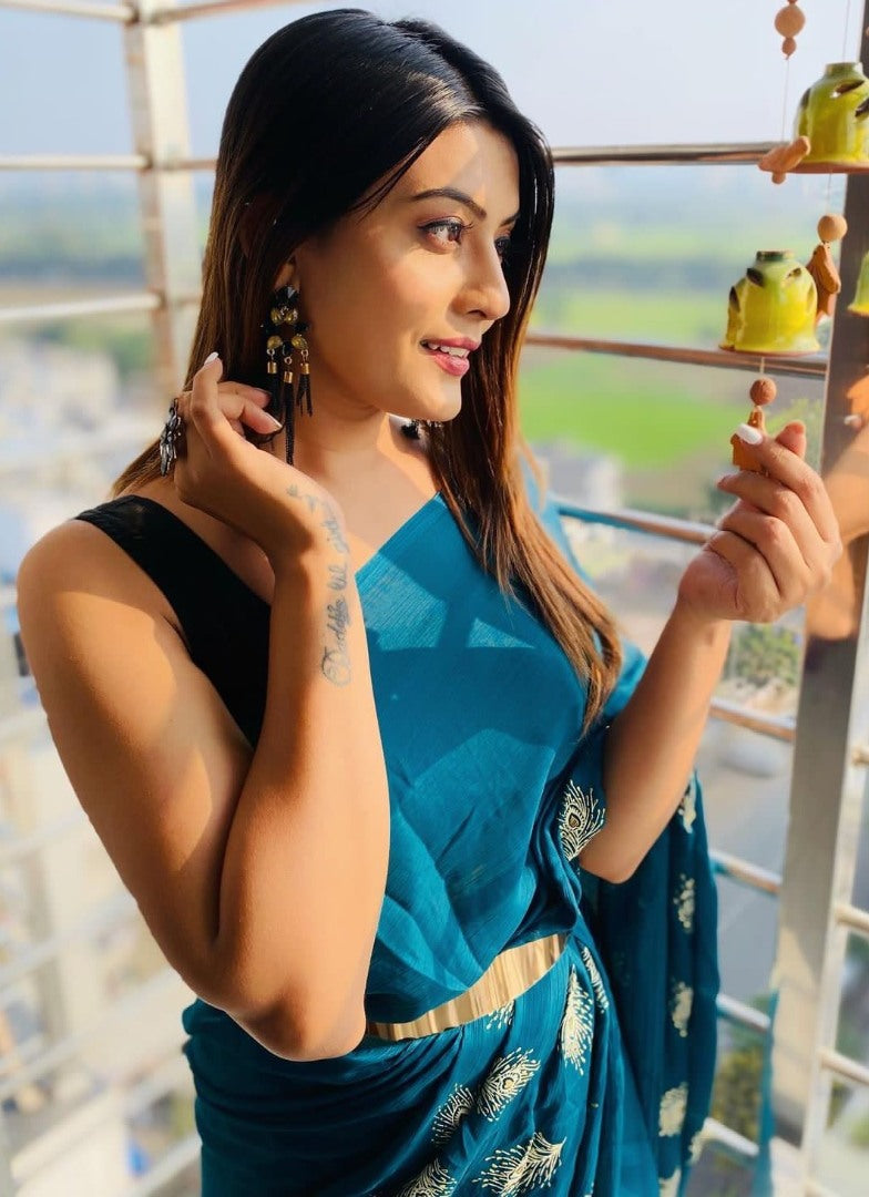 Dark rama satin silk foil work saree