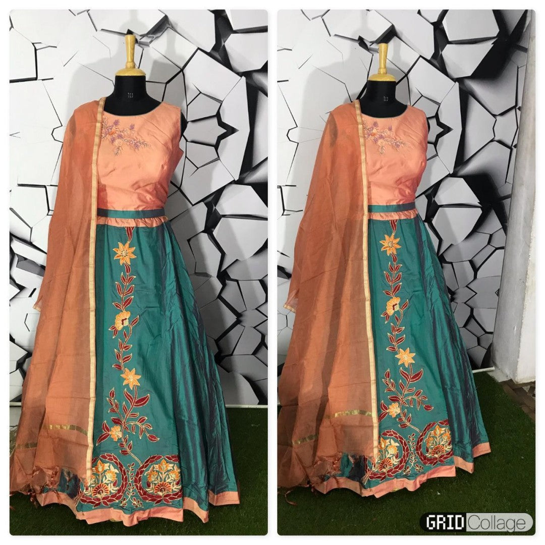Dark rama silk designer embroidered partywear lehenga