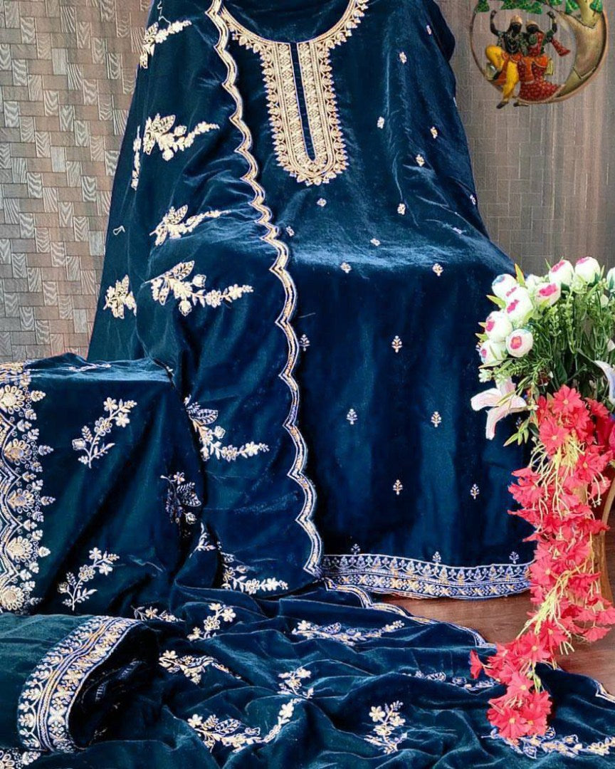 Dark rama velvet embroidery work plazzo suit