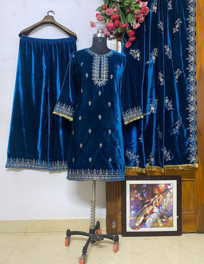 Dark rama velvet embroidery work plazzo suit