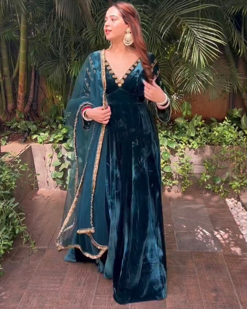 Dark rama velvet embroidery worked long gown