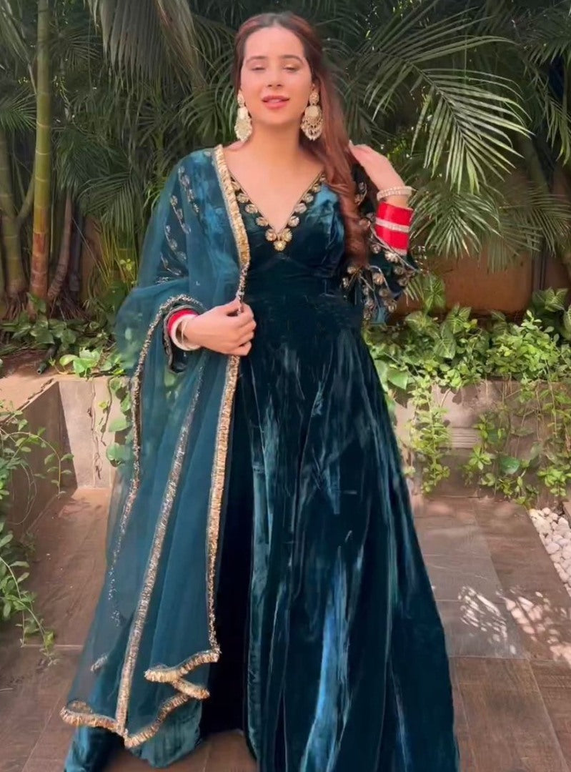 Dark rama velvet embroidery worked long gown