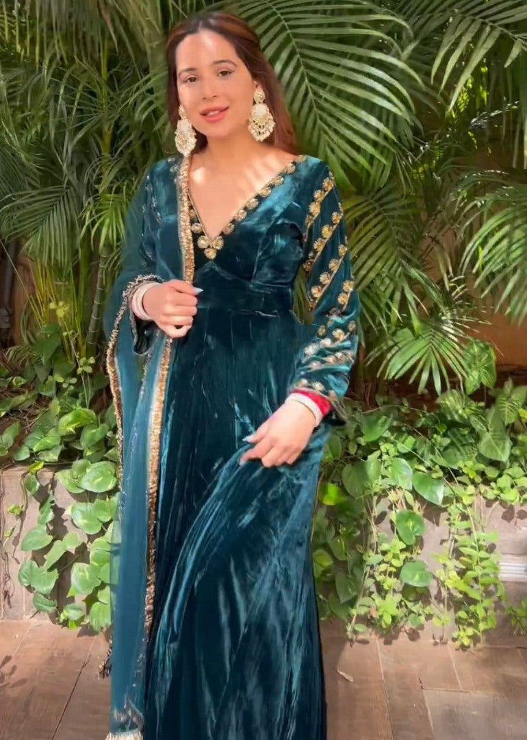 Dark rama velvet embroidery worked long gown