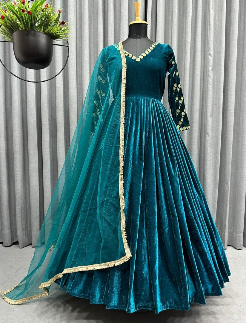 Dark rama velvet embroidery worked long gown