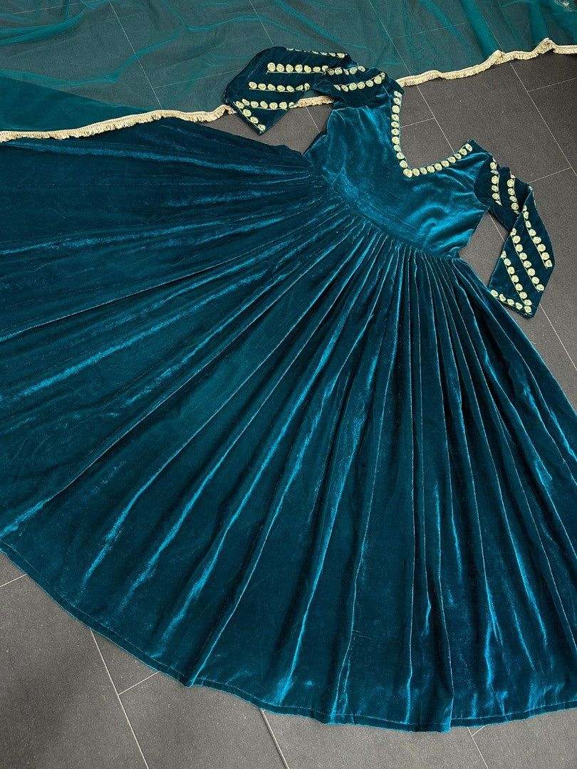 Dark rama velvet embroidery worked long gown
